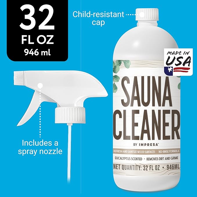 IMPRESA 32oz Sauna Cleaning Spray – All Purpose Eucalyptus Wood Cleaner Spray for Home Sauna, Spa, Steam Room & Gym – Natural Multipurpose Surface Cleaner Bottle – Gentle Ingredients Tough on Grime