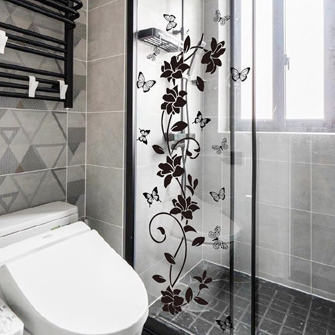 3D Wall Stickers DIY Flower Wall Decal Removable Waterproof Wall Art Decor for Bedroom Living Room Offices Home Decoration (Black Flower Butterfly)
