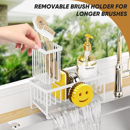 Sponge Holder for Kitchen Sink,Smiley Face Sink Caddy with Removable Brush Holder,Self-Draining Sponge Caddy for Sponge,Soap,Dish Brush,Scrubber,Kitchen Essentials and Gadgets-White