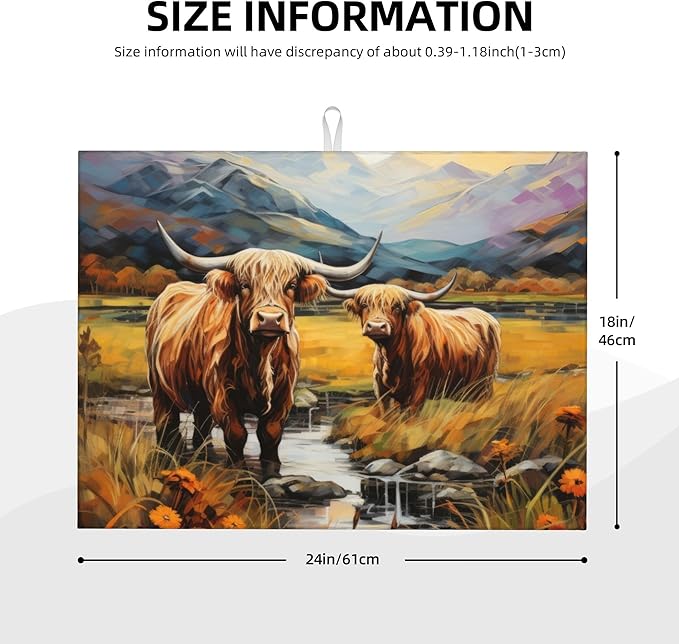 Highland Cow Dish Drying Mats for Kitchen Counter, Absorbent Reversible Microfiber Dish Drying Pad, Multi-Use Large Drying Mat Coffee Bar Accessories 18"x24"