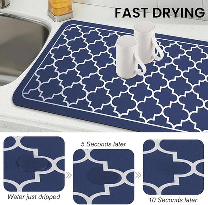 WISELIFE Dish Drying Mat Super Absorbent Drying Mat Large Dish Drying Mats for Kitchen Counter Easy Clean Dish Mat Kitchen Drying Mat18"x 32" Stylish Blue