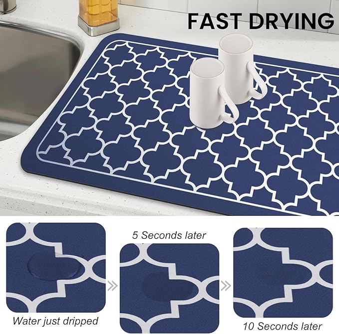 WISELIFE Dish Drying Mat Super Absorbent Drying Mat Large Dish Drying Mats for Kitchen Counter Easy Clean Dish Mat Kitchen Drying Mat18"x 28" Stylish Blue