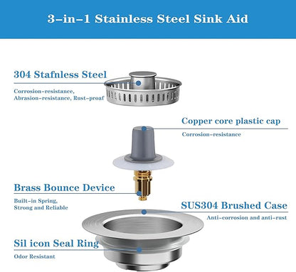 Kitchen Sink Drain Strainer, Upgraded 3 in1 Stainless Steel Metal Pop Up Sink Stopper, Kitchen Drain Plug & Cover with Anti-Clogging Basket Strainer, Fit US Standard Kitchen Drain(Silver)
