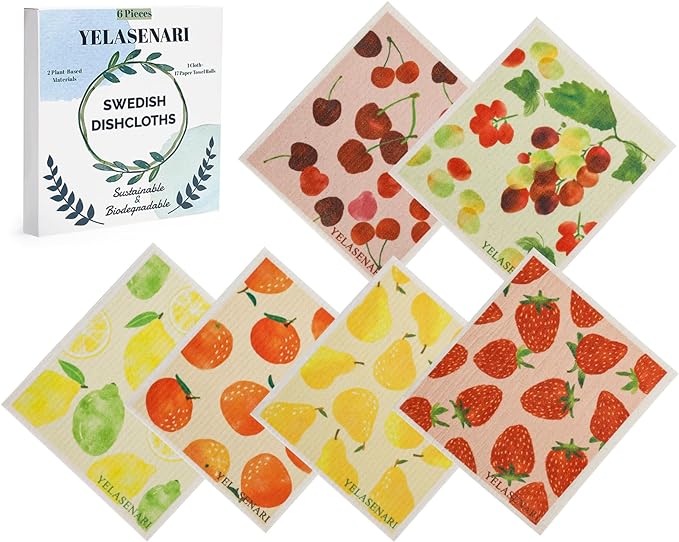 Swedish Dishcloths for Kitchen Reusable 6 Pack Kitchen Towels No Odor Quick-Drying Reusable Paper Towels Reusable Paper Towels Washable for Countertop, Sink, and Kitchen Fruit
