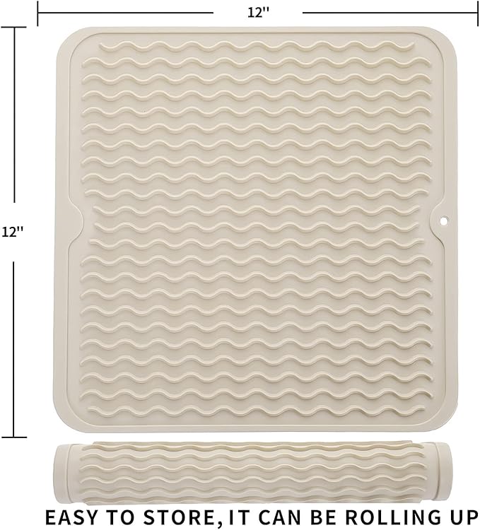 MicoYang Silicone Dish Drying Mat for Multiple Usage,Easy clean,Eco-friendly,Heat-resistant Silicone Mat for Kitchen Counter or Sink,Refrigerator or Drawer liner Tapioca M 12 inches x 12 inches