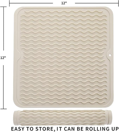 MicoYang Silicone Dish Drying Mat for Multiple Usage,Easy clean,Eco-friendly,Heat-resistant Silicone Mat for Kitchen Counter or Sink,Refrigerator or Drawer liner Tapioca M 12 inches x 12 inches