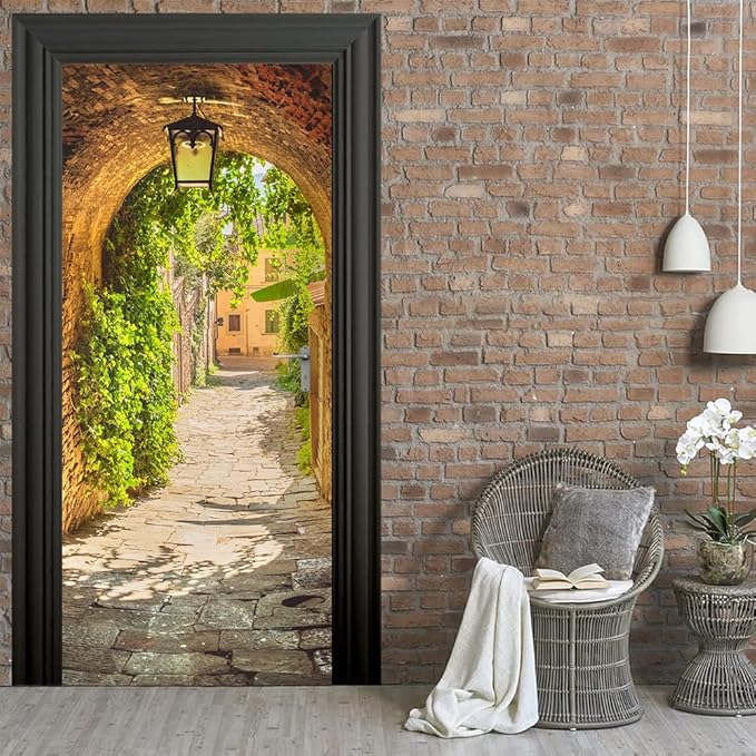 3D Door Stickers Murals Peel and Stick - Toskana Corridor Decals Self-Adhesive Removable Waterproof PVC Pictures Poster for Bedroom Living Room Wall Decoration 31.5"x 78.7"
