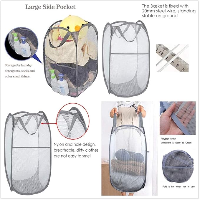 DurReus Rectangle Tall Laundry Basket with Handles Folding Big Nursery Hampers Portable Room College Travel Camp Necessity Grey