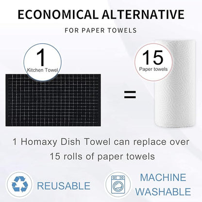 Homaxy 100% Cotton Terry Kitchen Towels(Black, 20 x 28 inches), Checkered Designed, Soft and Super Absorbent Dish Towels, Large 6 Pack