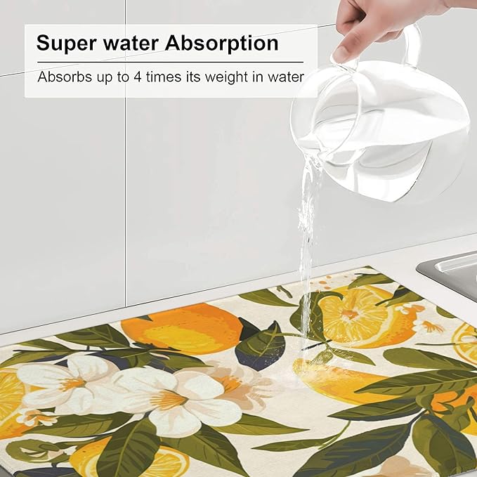 Orange Blossom Dish Drying Mats for Kitchen Counter, Absorbent Reversible Microfiber Dish Drying Pad, Multi-Use Large Drying Mat Coffee Bar Accessories 18"x24"