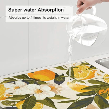 Orange Blossom Dish Drying Mats for Kitchen Counter, Absorbent Reversible Microfiber Dish Drying Pad, Multi-Use Large Drying Mat Coffee Bar Accessories 18"x24"