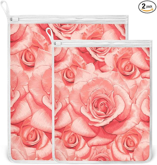 Mesh Laundry Bags Lingerie Bags for Washing Delicates 2 PCS Wash Bag with Zipper Small and Medium Washable Red Roses