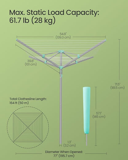 SONGMICS Umbrella Clothesline, Rotary Washing Line, Foldable Heavy-Duty Outdoor Clothes Drying Rack with Clips, Cover, Ground Anchor, 164 ft (50 m) Long for 5 Loads of Laundry, Silver ULLR307EZ01