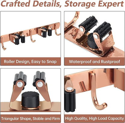 3 Racks and 4 Heavy Duty Hooks Mop and Broom Holder Wall Mount, Stainless Steel Broom Organizer Storage Utility Tool Racks for Home, Kitchen, Garage, Laundry Room. Rose Gold
