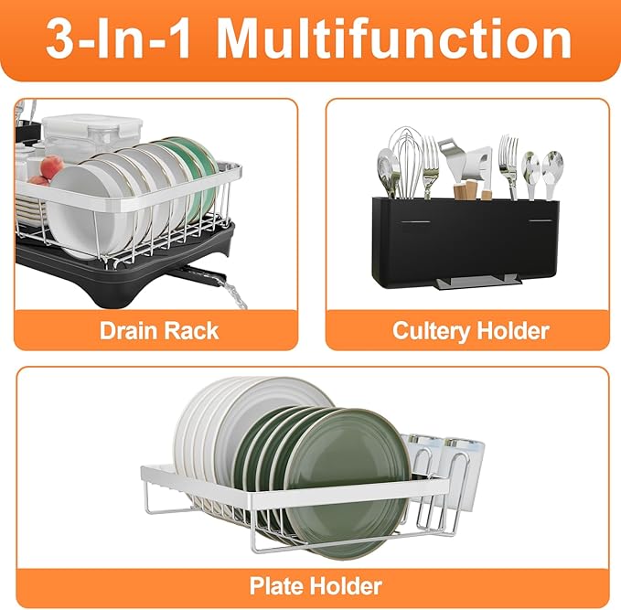 Dish Drying Rack - 2-Tier 304 Stainless Steel Dish Rack for Kitchen Counter , Adjustable Spout Auto-Draining Dish Rack, Kitchen Organizers and Storage Rack with Drainboard and Cutlery Holder Black