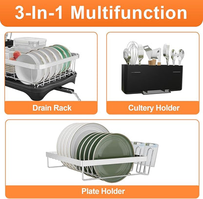 Dish Drying Rack - 2-Tier 304 Stainless Steel Dish Rack for Kitchen Counter , Adjustable Spout Auto-Draining Dish Rack, Kitchen Organizers and Storage Rack with Drainboard and Cutlery Holder Black