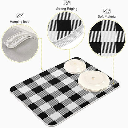 White and Black Buffalo Plaid Dish Drying Mat 16x18 for Kitchen Classic Buffalo Check Dishes Pad Dish Drainer Rack Mats Absorbent Fast Dry Kitchen Accessories