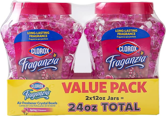 Clorox Fraganzia Crystal Beads Air Freshener Twin Pack, Long Lasting Room Deodorizer and Odor Eliminator Gel Beads for Home, Car, or Office, Spring Scent, 24 Fl Oz - 6 Pack