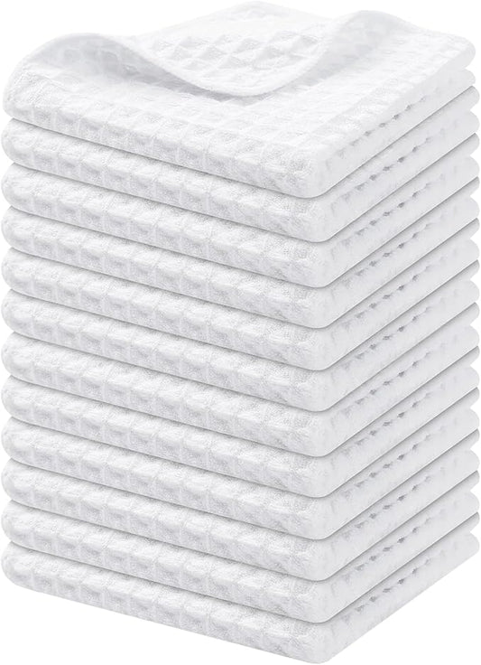 Homaxy Microfiber Waffle Weave Kitchen Dish Cloths, 12 x 12 Inch Ultra Absorbent and Solid Color Dish Towels for Kitchen Fast Drying Dishcloth for Washing Dishes, 12 Pack, White