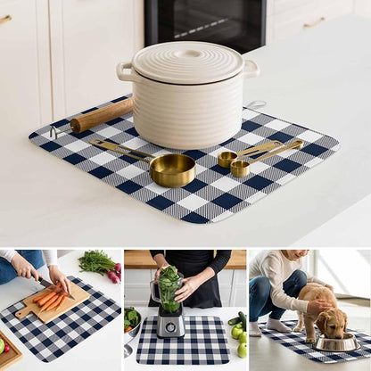 Dish Drying Mat Buffalo Plaid Dark Blue Check Drying Mats for Kitchen Counter Farmhouse Style Absorbent Microfiber Dish Drainer Quick Drying Coffee Mat with Hanging Loop, 18 x24 inch