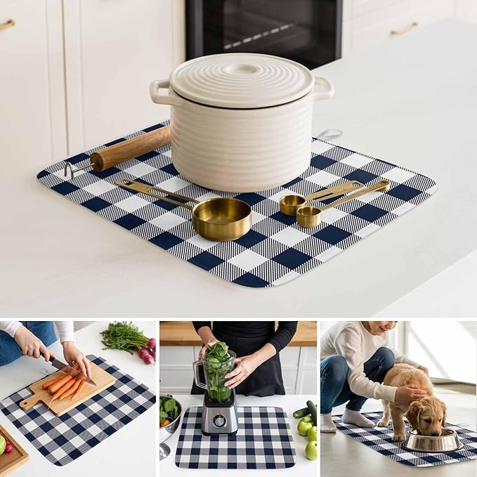 Dish Drying Mat Buffalo Plaid Dark Blue Check Drying Mats for Kitchen Counter Farmhouse Style Absorbent Microfiber Dish Drainer Quick Drying Coffee Mat with Hanging Loop, 16 x18 inch