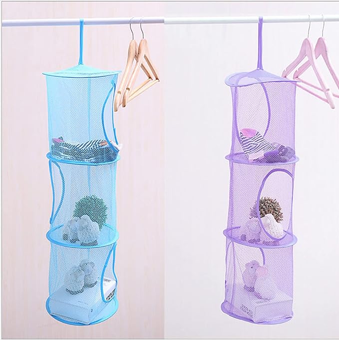Mesh Hanging Storage Basket With 3 Compartments Foldable Hanging Storage Organizer Net Bag for Toys Storage, Space Saver Sundries Clothes Bra Underwear Socks Drying Basket Laundry Hamper (Purple)
