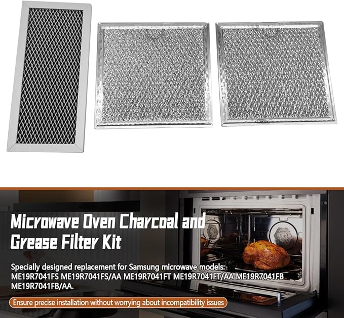 Microwave Oven Charcoal & Grease Filter Kit Compatible with Samsung ME19R7041FS, ME19R7041FS/AA, ME19R7041FT, ME19R7041FT/AA, ME19R7041FB, ME19R7041FB/AA, 3 Pcs