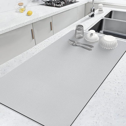 LOPNUR Kitchen Dish Drying Mat, 31.5"x17" Dish Drying Mats for Kitchen Counter, Diatomite Coffee Mat, Super Absorbent Dish Drying Pad, Heat Resistant Mat with Anti-slip Rubber Backed, Light Grey