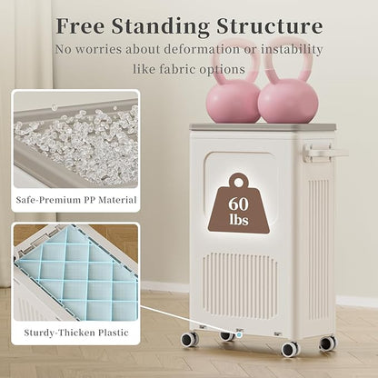 HAIXIN HOME Slim Laundry Hamper with Lid, 50L Plastic Tall Laundry Basket with Wheels, Compact Size for Narrow Space, Rolling Laundry Cart with Handle for Easy Transport to Laundry Room (2 Pack)