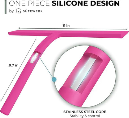 GÜTEWERK Silicone Shower Squeegee for Glass Doors & Mirrors with Stainless Steel Core, Streak-Free & No-Squeak Window Cleaning, 3-in-1 No-Drill Mount (Hook/Suction/Adhesive),Pink, 11 Inches