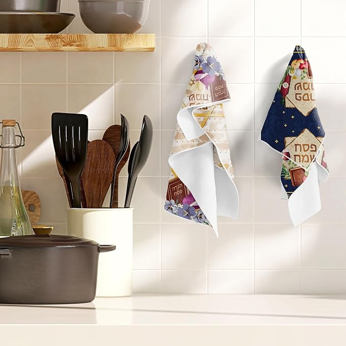 Passover Kitchen Towels Decor, Dish Towels Gifts for Cooking Cleaning Set of 4, Jewish Holiday Hand Towels with Hanging Loop for Bathroom Home