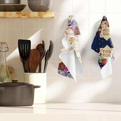 Passover Kitchen Towels Decor, Dish Towels Gifts for Cooking Cleaning Set of 4, Jewish Holiday Hand Towels with Hanging Loop for Bathroom Home