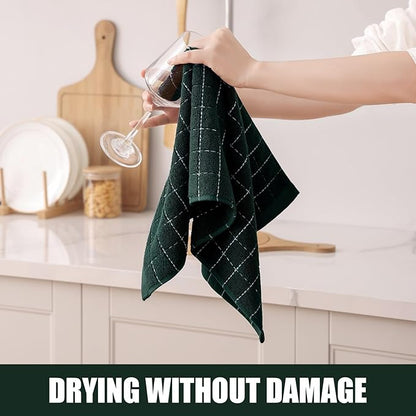 Homaxy 100% Cotton Terry Kitchen Towels(Blackish Green, 13 x 28 inches), Checkered Designed, Soft and Super Absorbent Dish Towels, 4 Pack