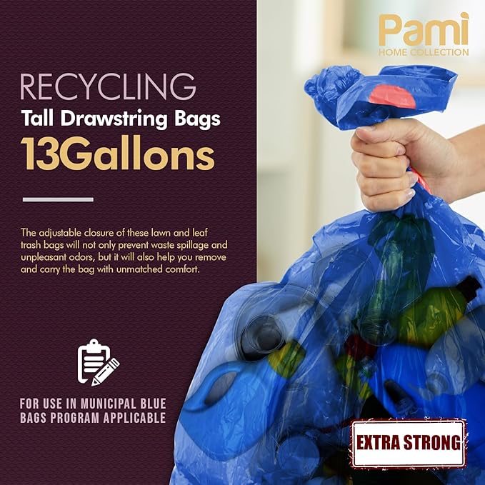 PAMI Recycling Tall Kitchen Drawstring Trash Bags- Extra-Strong Plastic Garbage Bags- Thick Trash Can Liners For Kitchen & Outdoor Bins- 2ft x2ft Unscented Trash Bags (13 Gallon – 60 Count – Blue)