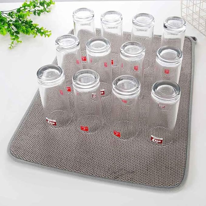 Dish Drying Mat for Kitchen Counter, Absorbent Dish Drainer Mat, Microfiber Dish Drainer Mat, Reusable Washable Dish Drying Pad with Hanging Loop, 18 Inch x 24 Inch, Grey, 2 Pack