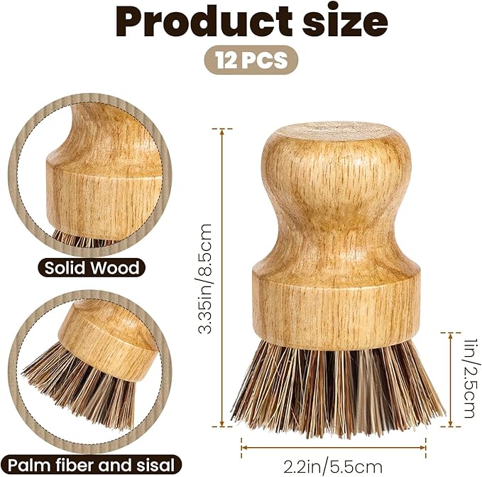 12 Packs Bamboo Dish Scrub Brush Wooden Washing Scrubbers with Sisal Bristles Kitchen Palm Pot Brush Round Mini Dish Brushes for Household Iron Pot Pan Sink Sink Vegetables Cleaning (Brown)