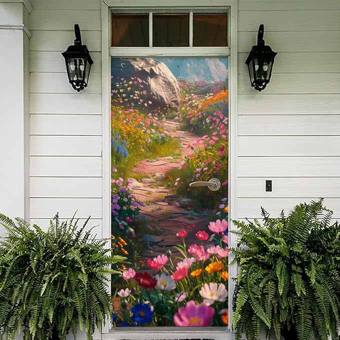 REDAMANCY Pink Blue Orange Wildflower Pathway Peel and Stick Door Stickers Vinyl 3D Door Mural Decals Decor Wallpaper Self-Adhesive, Waterproof, Removable