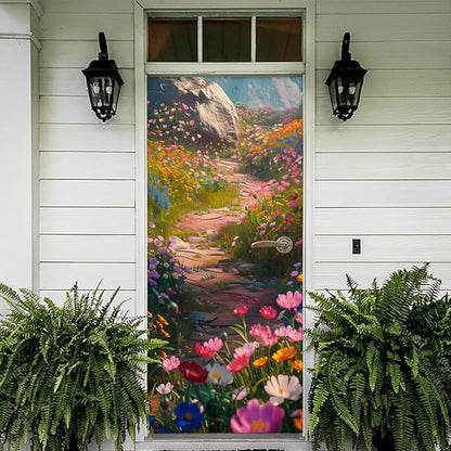 REDAMANCY Pink Blue Orange Wildflower Pathway Peel and Stick Door Stickers Vinyl 3D Door Mural Decals Decor Wallpaper Self-Adhesive, Waterproof, Removable