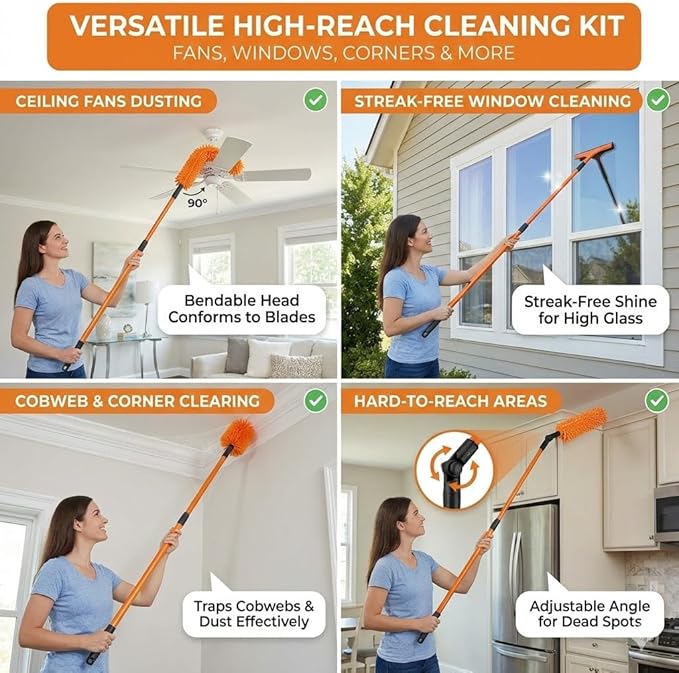 Light Bulb Changer for High Ceilings Up to 20FT, 10PCS Extension Pole Kit with 360° Swivel Head Bulb Grabber, Ceiling Fan Duster & Window Cleaner – No Ladder Needed