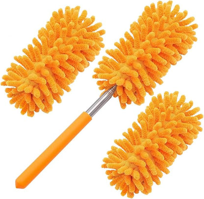 Microfiber Duster for Cleaning, GMLKRY Hand Washable Dusters with 3pcs Replaceable Microfiber Head, Extendable Pole, Detachable Cleaning Supplies for Office, Car, Window, Furniture (Orange)