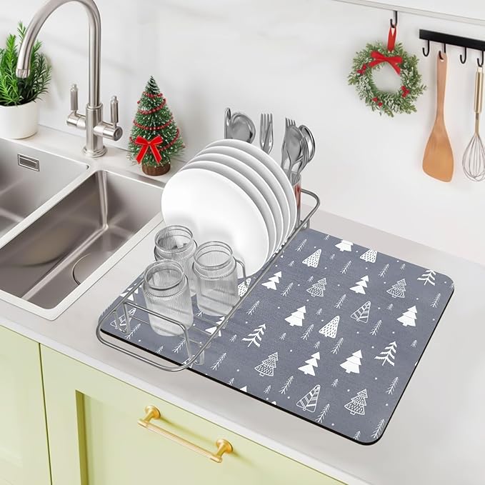 Bloss Coffee Mat, Christmas 12"x19" Bar Mat with Waterproof Rubber Backing, Fit Under Coffee Maker Machine/Kitchen Counter/Dish Drying Mat-Grey and Pine