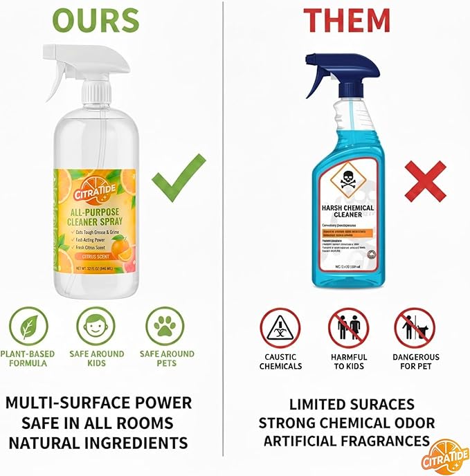 All-Purpose Cleaner Spray – Plant-Based Citrus Formula – Cleans Kitchens, Bathrooms & Hard Surfaces – CITRATIDE – USA Made, Non-Toxic (32 fl oz)