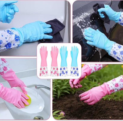 2 Pairs Rubber Cleaning Gloves Household Kitchen Dishwashing Gloves Long Cuff Glove with Cotton Flocked Liner Reusable Waterproof Non-Slip Household Glove for Bathroom Laundry Gardening Gift for Mom