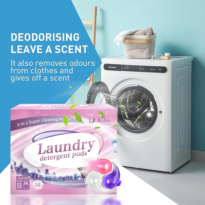 YUCO Pods Laundry Detergent Hypoallergenic, 3IN1 Super Cleaning Power, Microcapsule Fragrance Retention Technology (Floral Scent,1 Box of 32 Pod,Net 15g/pod,Net 480g)