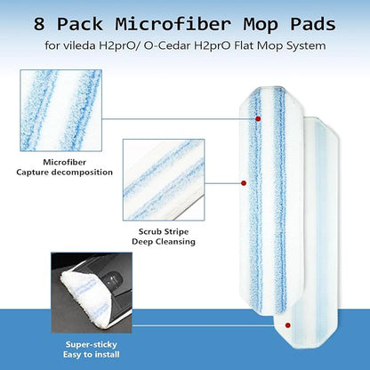 8 Pack Replacement Pads for O Cedar H2prO Flat Mop System, Flat Pads for Ocedar Flat Mop System, Machine Washable/ Reusable, Powerful Stain Removal, for Hardwood, Tile, Marble, laminate floors.