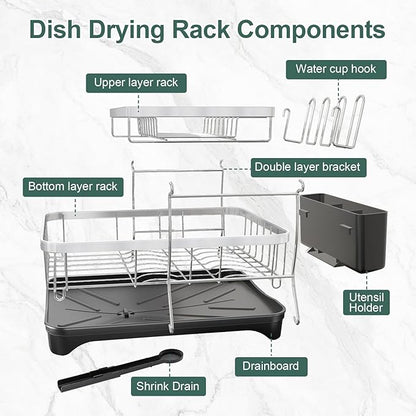 LIYI Dish Drying Rack,Large Dish Rack for Kitchen Counter,2-Tier Dish Racks with draining Tray,Detachable Capacity Dish Drainer Organizer,Black