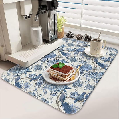 Dish Drying Mat for Kitchen Counter 2 Pack with Non-Slip Rubber Backing - Heat-Resistant Absorbent Coffee Bar Mat, Dish Rack Mat, Blue Flower And Bird Dish Drying Mats 18x24+19.5x12 inch
