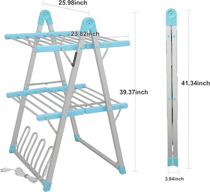 Electric Heated Clothes Drying Rack,Foldable Heated Garment Dryer with Timer Shut-Off Laundry Rack for Clothes Shoes Socks,Aluminum Alloy,Blue,Plug & Play,(39.37x25.98x23.82in)