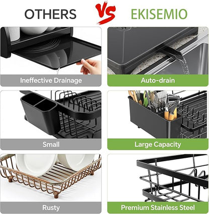 Ekisemio Dish Drying Rack for Kitchen Counter - Large Capacity Dish Drainer with Cutlery Holder & Drip Tray, Space Saving Kitchen Organizer (12x15.7), Black