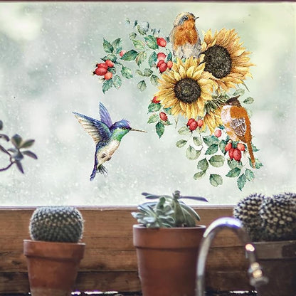 Sunflower Wall Stickers & Murals Bird Wall Decals Peel and Stick Yellow Flower Window Clings Watercolor Hummingbird Art Decor Wall Clings Kitchen Cabinet Decals for Bathroom Toilet Tank Girls Bedroom